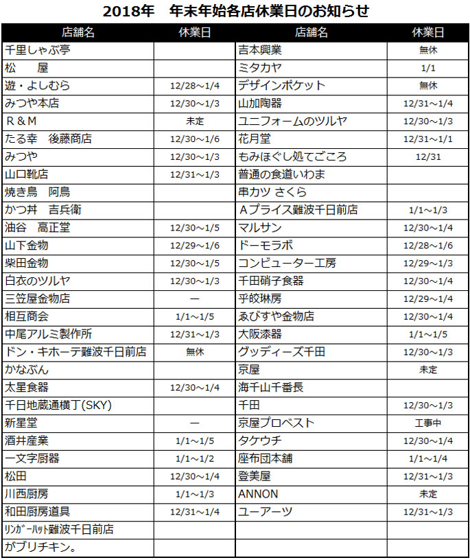 2018年末年始のお知らせ